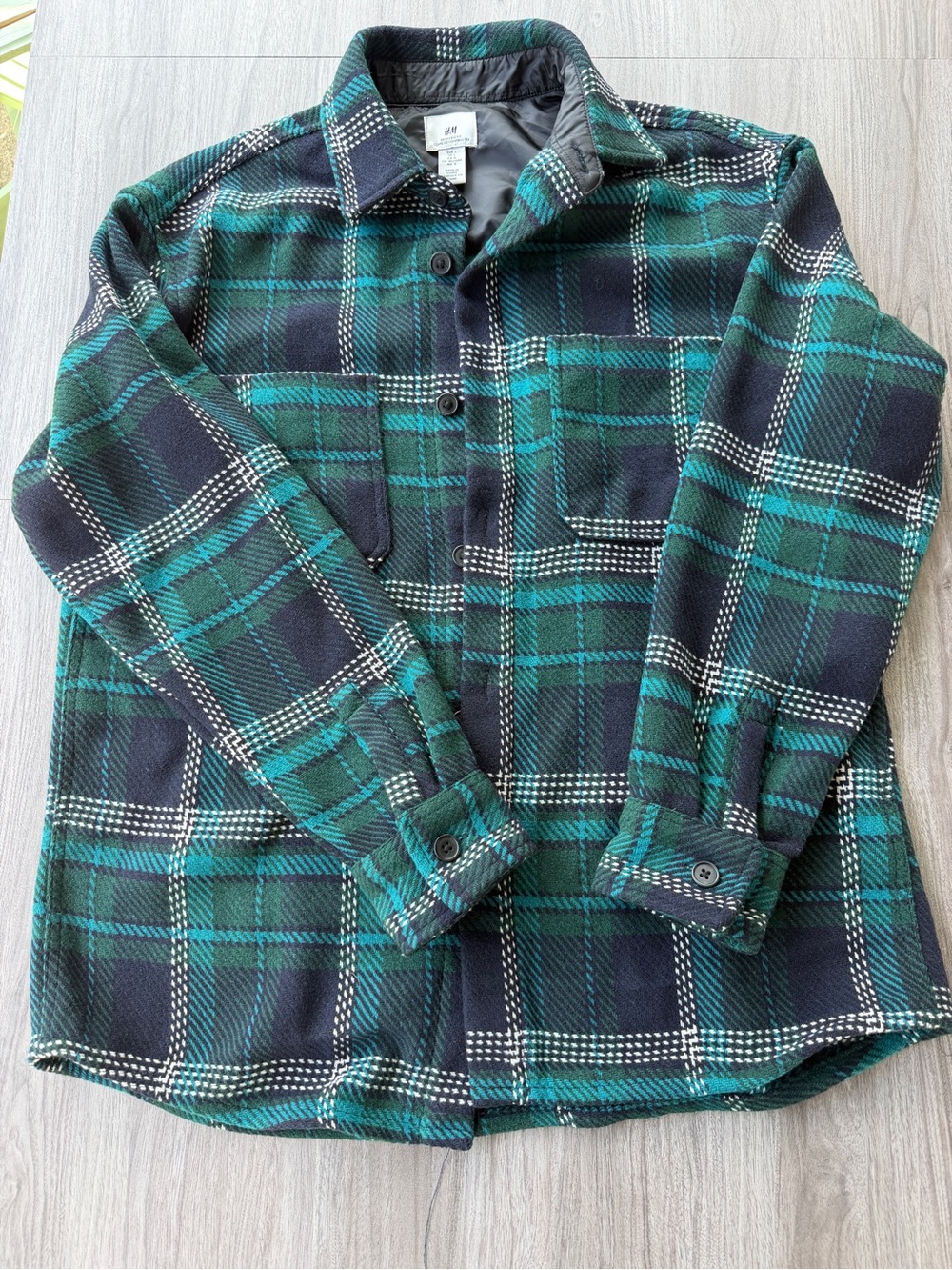H&M Green Plaid Fleece Shacket Shirt Jacket Mens Large Relaxed Fit Oversized